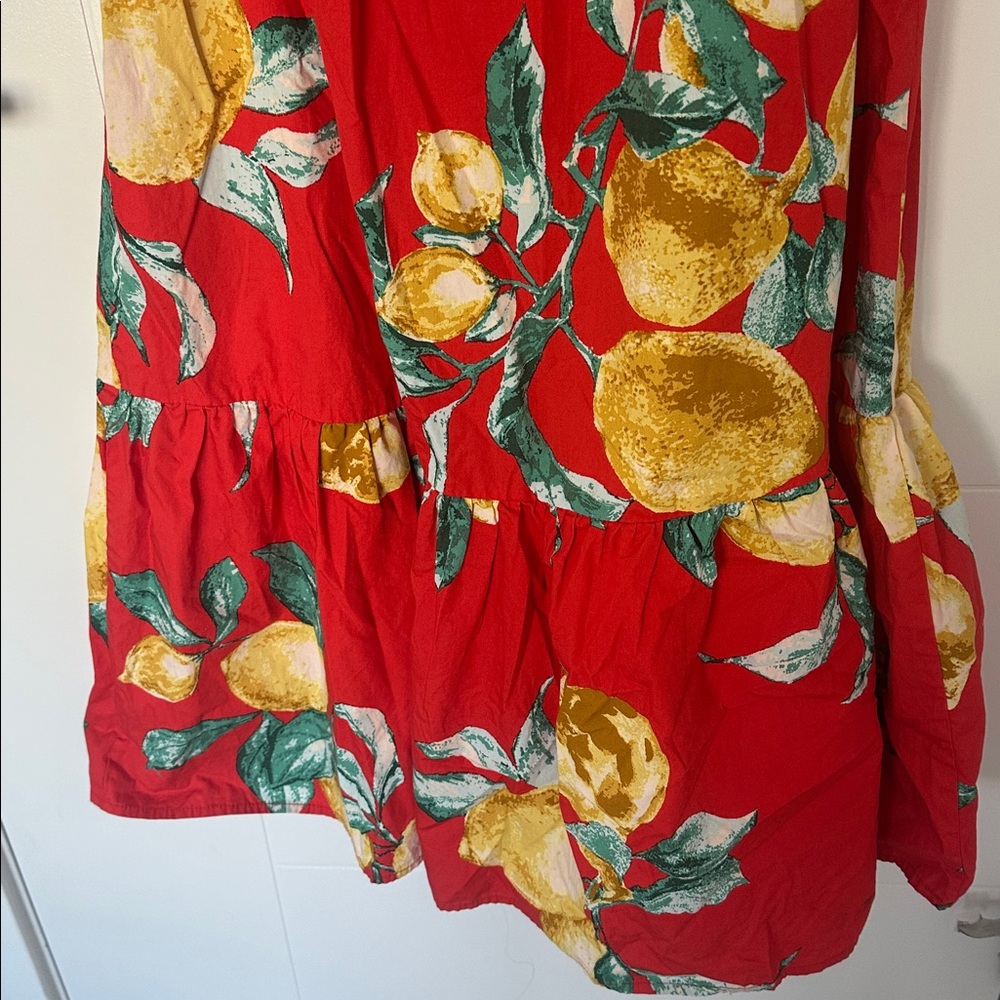 Flying Tomato Lemon Print Off Shoulder Midi Dress Puff Sleeve Red Tropical M - Picture 3 of 7